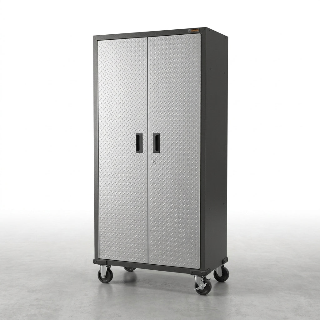 Premier Series Pre-Assembled Steel Freestanding Garage Cabinet in Silver with Casters (30 In. W X 65 In. H X 18 In. D) — Studio Shot