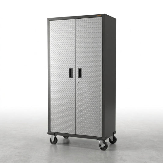 Premier Series Pre-Assembled Steel Freestanding Garage Cabinet in Silver with Casters (30 In. W X 65 In. H X 18 In. D) — Studio Shot